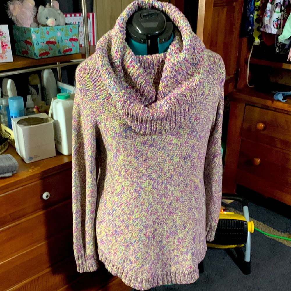 XXL beautiful multi colored cow neck sweater.I wore it several times. Like new.